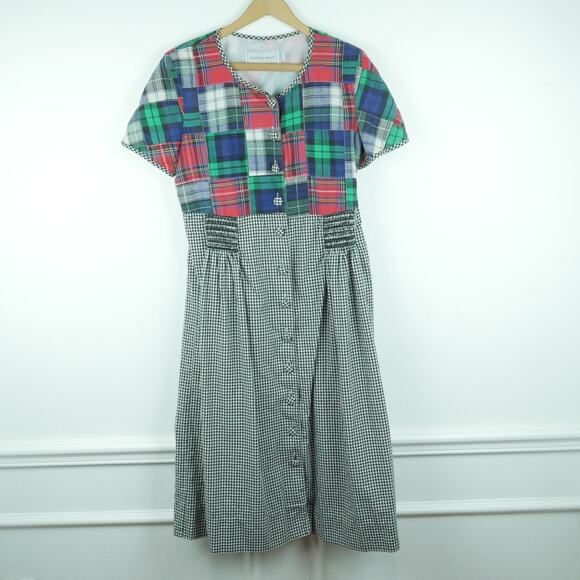 Vintage Dresses & Skirts - Vintage M L Dress 90s Gingham Madras Plaid Patchwork Cottagecore Grunge Prairie